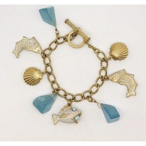 Fish Charm Bracelet With Aqua Lucite, & Shell Charms